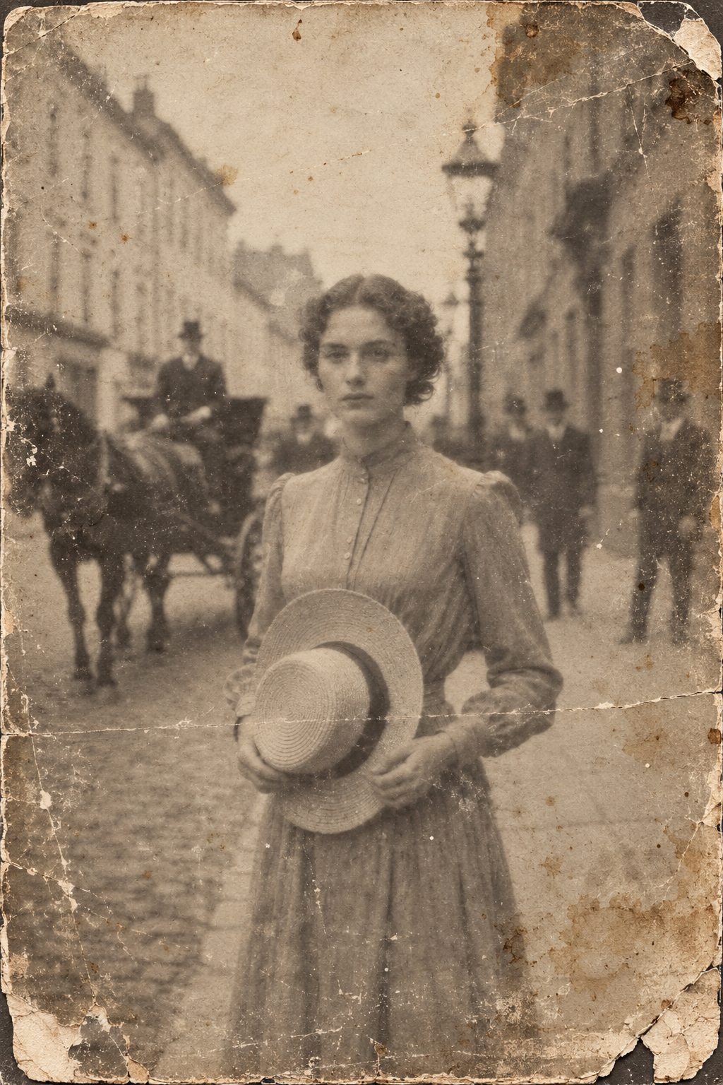 A blurry and stained photo of a lady